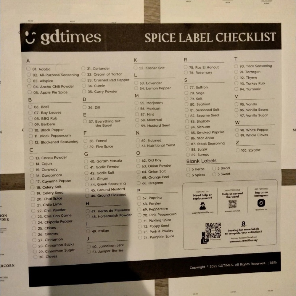 Spice Jar Labels and Spice Label Checklist White Stickers for Spices by GD Time